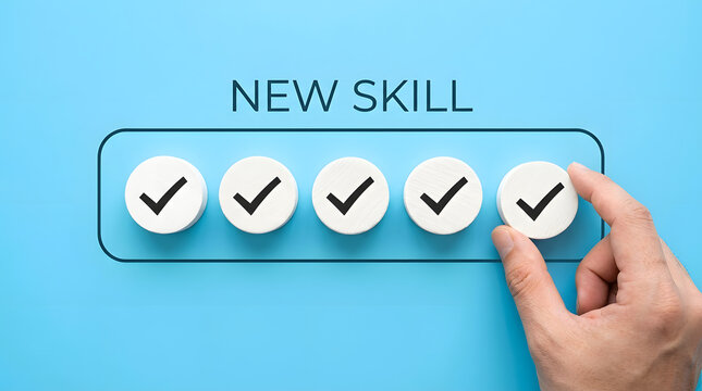 A hand placing a check mark on a blue background representing the successful completion of learning a brand new professional skill