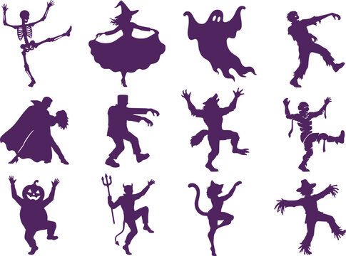 Halloween Monster Dancing Character Silhouette Set vector, 12 Spooky Figures Dancing including Skeleton Witch Ghost Zombie Vampire Werewolf Mummy Devil Pumpkin, Clipart