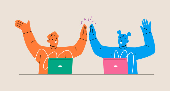 Man and woman give high five celebrate shared success cooperating. Teamwork concept. Colorful vector illustration