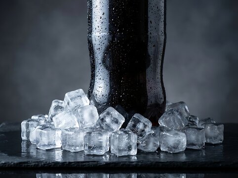 Cold dark soda bottle with water drops standing on a table surrounded by many clear transparent ice cubes. 2 liter soda