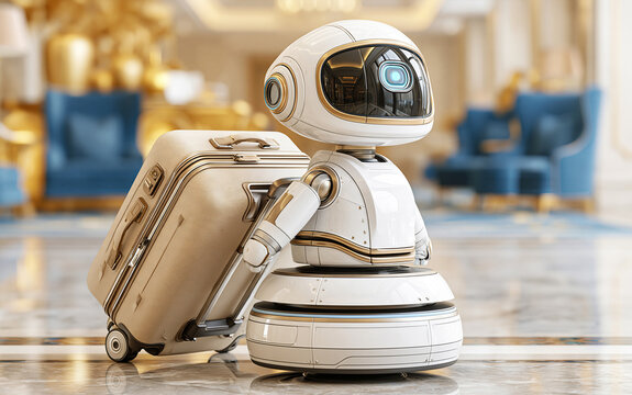 Robotic bellhop transporting luggage through an elegant hotel lobby, artificial intelligence hospitality, automated concierge, smart travel technology, futuristic guest service