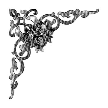 Rose in interlaced scroll corner in black engraving