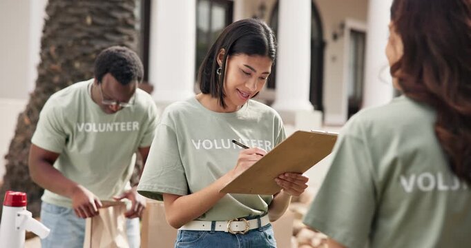 Volunteer, clipboard and woman with handshake for registration outdoor, task delegation or happy. People, shaking hands and food parcel for community outreach, checklist and charity or nonprofit team