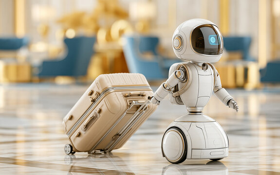 Robotic bellhop transporting luggage through an elegant hotel lobby, artificial intelligence hospitality, automated concierge, smart travel technology, futuristic guest service