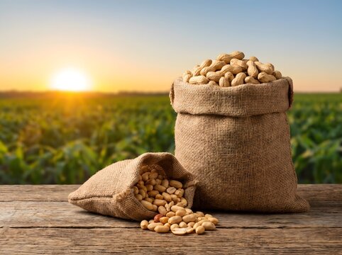 Burlap sacks filled with raw peanuts on wood table in agricultural field   