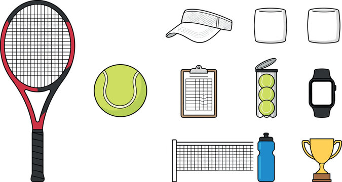 PrintTennis equipment vector icon set featuring a racket, ball, net, trophy, visor cap, smart watch, water bottle, and clipboard isolated on a white background