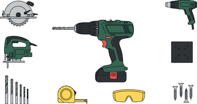 Vector illustration set of power tools and carpentry equipment featuring a cordless drill, circular saw, jigsaw, heat gun, tape measure, and safety glasses.