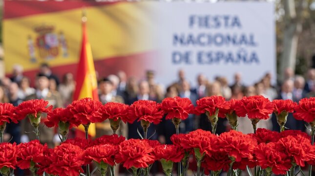 Red Carnations at Fiesta Nacional de Espa&ntilde;a Celebration with Blurred Spanish Flag and Banner