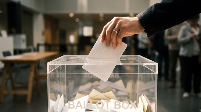 A person casting their vote by placing a ballot paper into a clear plastic ballot box during an election.