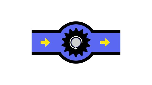 A single black toothed gear inside a round blue chamber on a horizontal blue pipe with yellow arrows pointing right to show the liquid flow direction