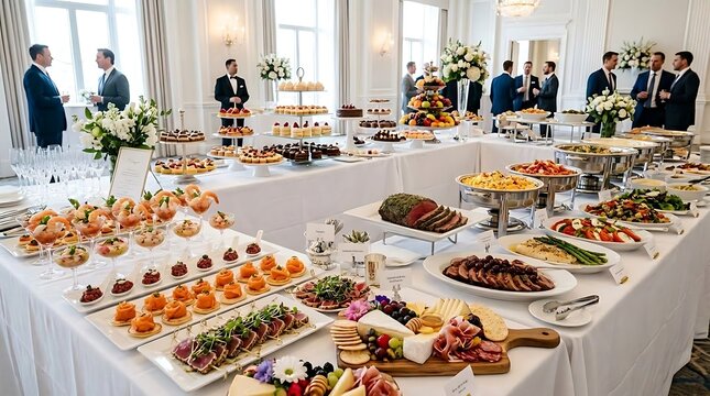 Elegant catering buffet setup at a corporate networking event with business professionals in the background.