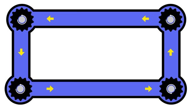 A rectangular blue pipe loop with a black gear pump at each of the four corners and small yellow arrows showing liquid circulating around the circuit