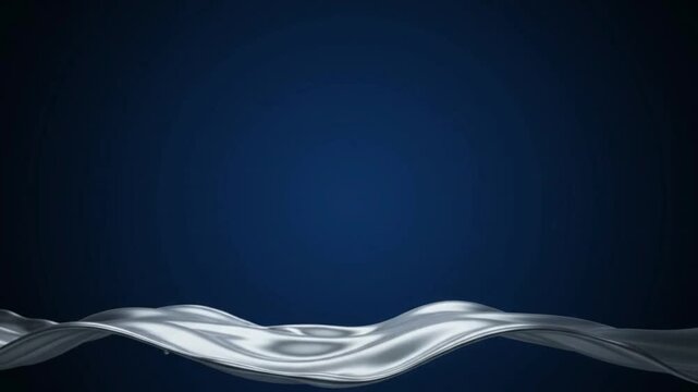 Abstract Liquid Silver Metallic Flowing Wave Ribbon on Dark Navy Blue Background with Copy Space