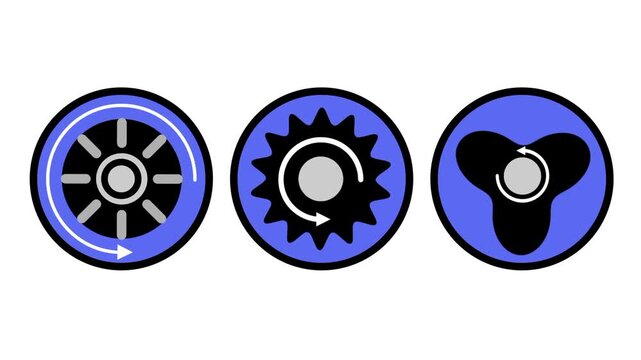 Three round blue rotor icons showing a bladed impeller with a white rotation ring a spiked gear with a circular arrow and a black three lobe propeller