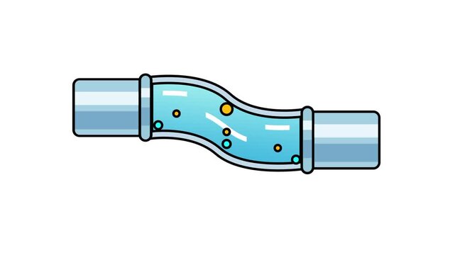 A curved glass water pipe section with metal couplings on both ends showing clear flowing water with small bubbles moving through a gentle wavy bend