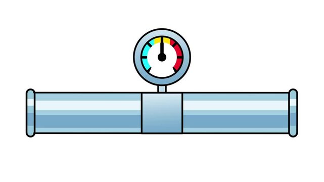 A straight glass water pipe with metal end fittings and a colorful pressure gauge mounted on top of a central connector to show water pressure levels