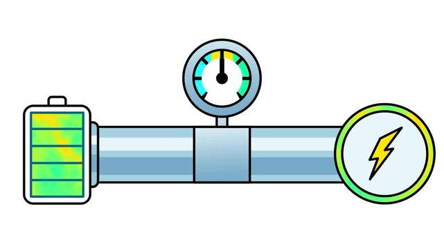 A glass pipe circuit analogy with a green battery on the left a pressure gauge on top and a lightning bolt voltage meter on the right end of the pipe