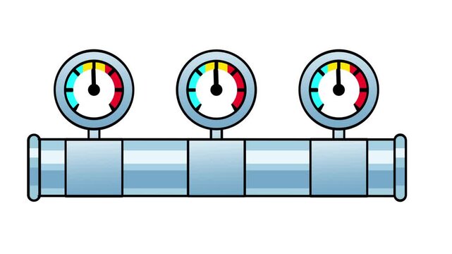 A horizontal glass pipe with metal joints carrying three colorful pressure gauges on top with needles showing different readings along the whole pipe