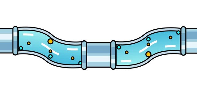 A long wavy glass water pipe with a metal connector in the middle showing clear blue water bubbles and white flow lines through both curved sections
