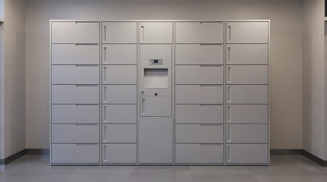 Modern automated smart parcel locker system for secure package delivery and storage in a clean indoor facility, featuring multiple compartment sizes and an electronic digital interface terminal.