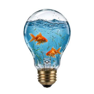 Light Bulb Aquarium With Two Goldfish Swimming Inside Creative Idea Isolated