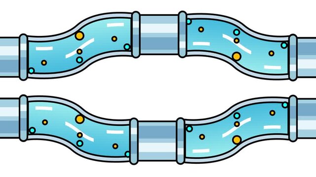 Two parallel wavy glass water pipes stacked one above the other with metal connectors and flowing bubbly water showing a parallel circuit analogy