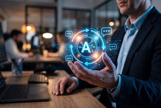 Businessman holds glowing hologram interface with AI chatbot icon, artificial intelligence message system, digital speech bubble, and automated chat network. Modern smart communication concept.