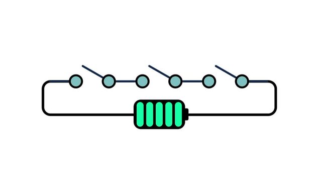 A simple series circuit diagram with three open switches on the top wire and a green resistor or battery symbol at the bottom of a rounded wire loop
