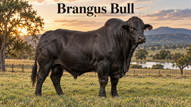 Realistic Brangus bull in a scenic countryside landscape