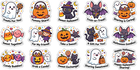 Fototapeta premium Halloween themed vector illustrations featuring candy pumpkins and costumed characters illustration
