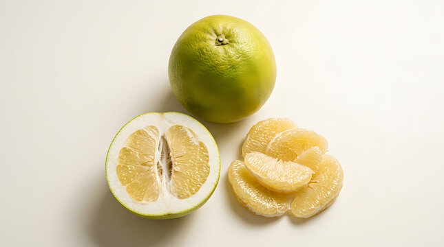 Fresh whole and sliced pomelo on a white background