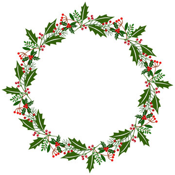 A natural Christmas wreath frame made of green holly leaves, pine branches, and red berries isolated on a transparent background for holiday designs.