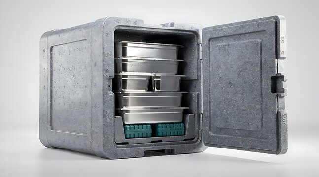 Insulated thermal transport container for professional catering with stainless steel food pans and cooling blocks, durable expanded polypropylene box for safe temperature controlled meal delivery