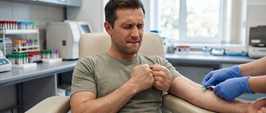 Male patient in clinic examination room rolling up sleeve while clinical phlebotomist nurse inserts blood collection needle into arm. Medical practitioner performing venipuncture test setting.