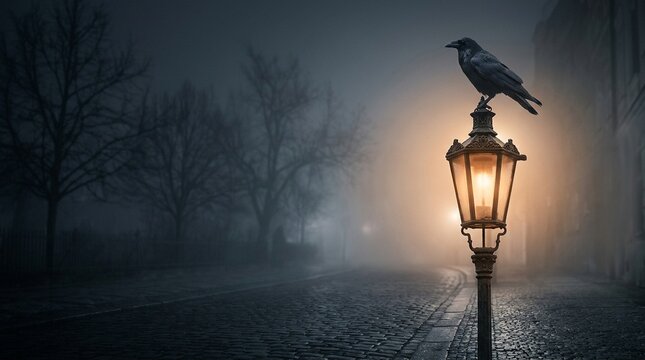 Black crow perched on a vintage lamppost glowing in thick fog