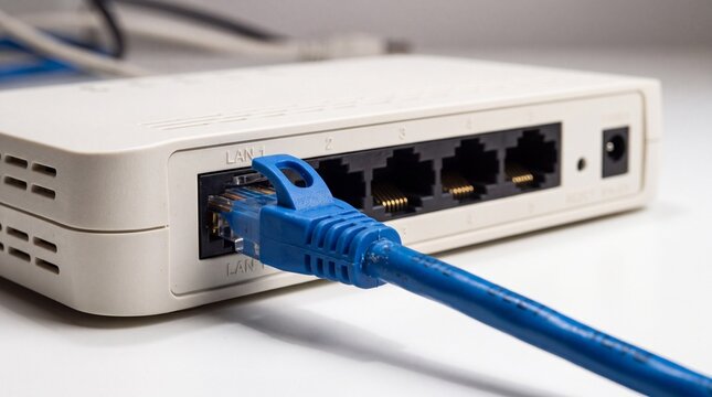 Blue ethernet patch cable plugged into white network switch router with lan ports, representing high speed broadband access, telecommunication infrastructure and modern data transfer.