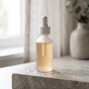 Blank frosted glass dropper bottle with cosmetic serum on stone pedestal in soft bright room