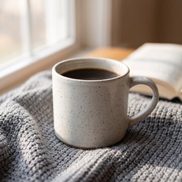 Cozy morning with hot coffee in speckled ceramic mug on grey knitted sweater near window