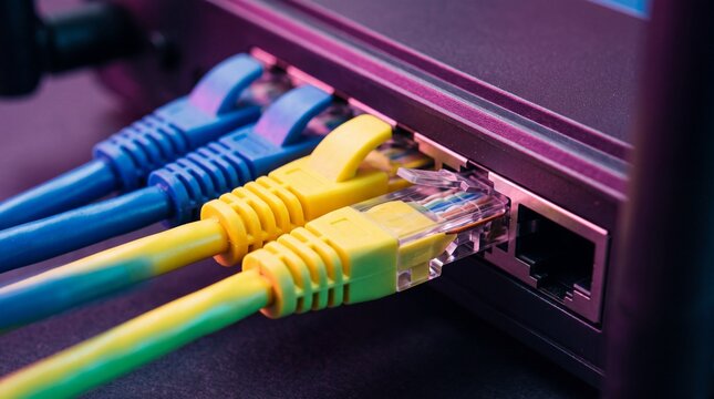 Ethernet cables plugged into a network switch. High speed data connections in a server room for local area network infrastructure and reliable internet access.