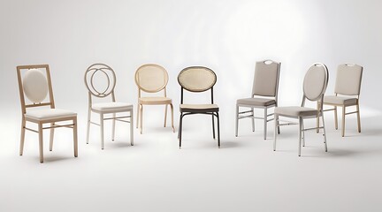 Fototapeta premium Collection of various modern and classic dining chairs featuring upholstered seats, rattan cane backs, and elegant wooden frames isolated on a clean white background for interior design.