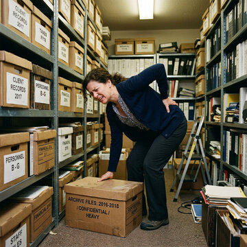 Professional female office clerk experiencing acute lower back pain and muscle spasm while lifting archive boxes in storage room