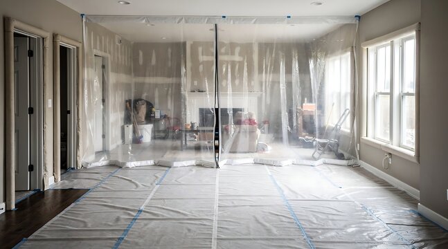 Interior of a house undergoing renovation with a professional dust barrier plastic wall and floor protection covers to prevent mess and debris during home improvement and remodeling works.