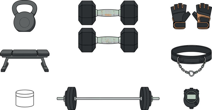 Vector illustration set of gym fitness equipment containing dumbbells, barbell, kettlebell, weight bench, lifting belt, workout gloves, and a digital stopwatch.