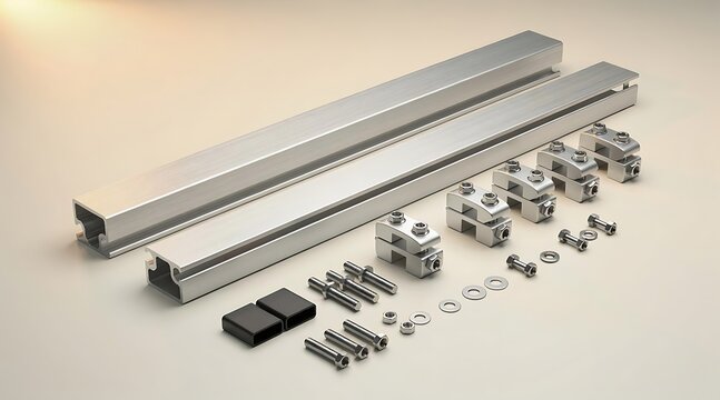 Industrial Aluminum Solar Mounting Rail Kit with Clamps, Bolts, Nuts, and End Caps for Photovoltaic Panel Installation, High-Quality Metal Components for Renewable Energy Support Structures