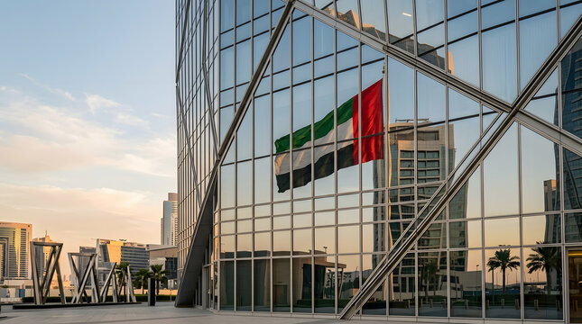 Modern skyscraper with UAE flag reflection in urban cityscape