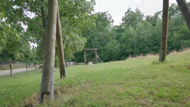 The boy on a zip line swing in the forest wide shot low angle camera movement