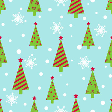 Cute Christmas seamless pattern featuring green Christmas trees, red stars, white snowflakes and falling snow dots on a light blue background, perfect for holiday fabric and wrapping paper.