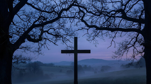 A wooden cross standing between bare winter trees against a twilight blue sky with misty hills in the background