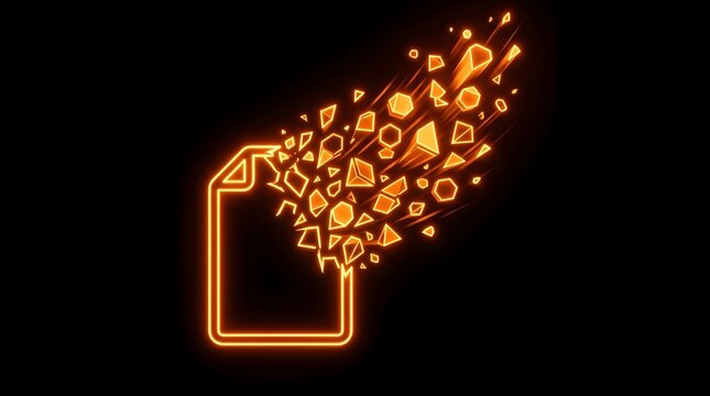 Conceptual glowing neon file icon splitting into multiple data blocks and geometric fragments representing digital information transfer, data processing, and cloud storage technology on black.