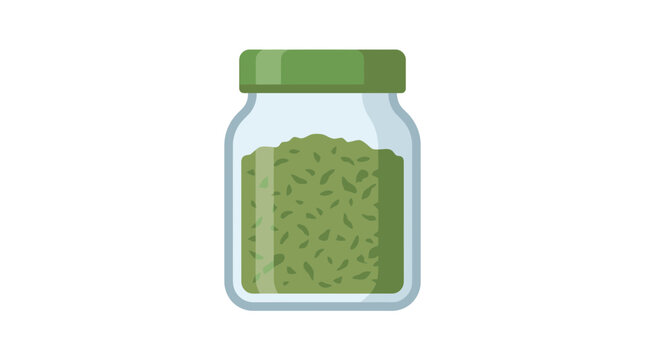 Flat vector illustration of a clear glass jar with a green lid filled with dried green herbs or spices, such as oregano or parsley, isolated on a white background for culinary design.